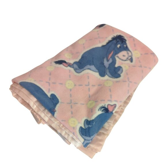 Vintage Eeyore Baby Blanket Satin Trim Fleece Pink Handmade Lovey Winnie the Poo - Picture 5 of 6